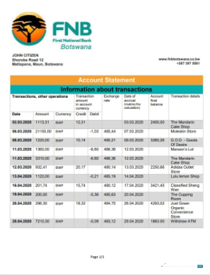 Download Botswana First National bank statement Photoshop template